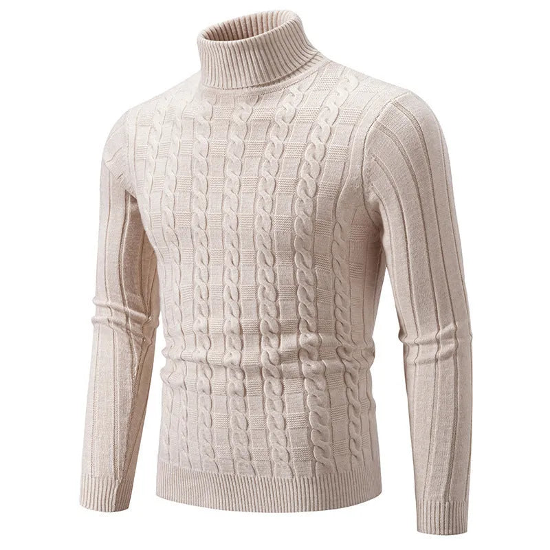 Men's slim fit chenille turtleneck pullover sweater with twist pattern in multiple colour options