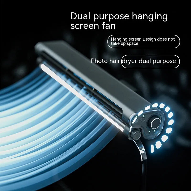 Black bladeless desk fan with screen clamp and LED lighting lamp attached to computer monitor