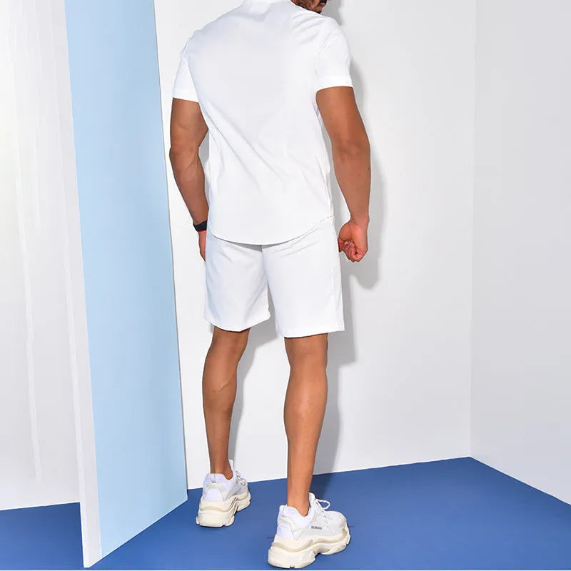 Men's two-piece short sleeve suit set with polyester shirt and shorts in khaki, white, and light blue