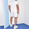 Men's two-piece short sleeve suit set with polyester shirt and shorts in khaki, white, and light blue
