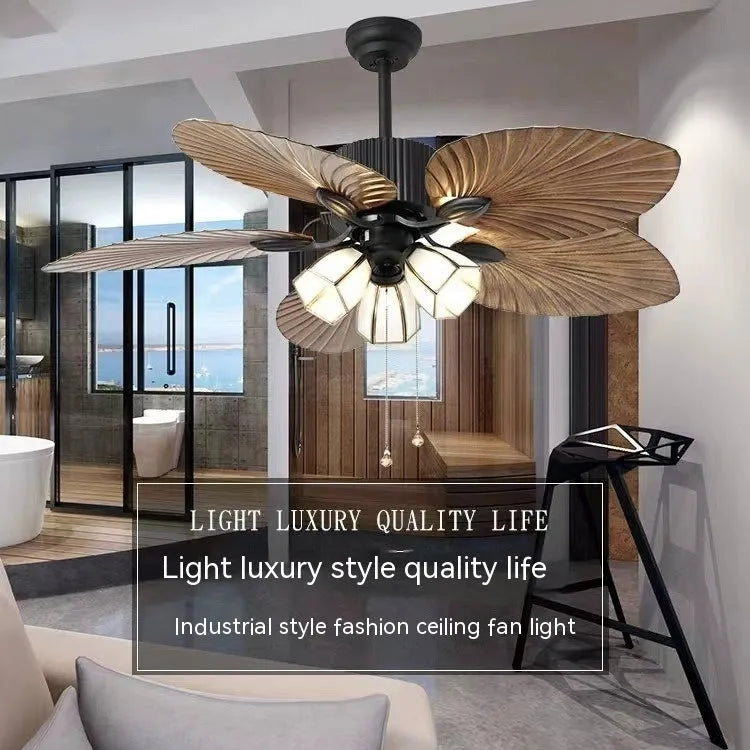 Retro ceiling fan light with wooden blades and three copper lampshades hanging from ceiling