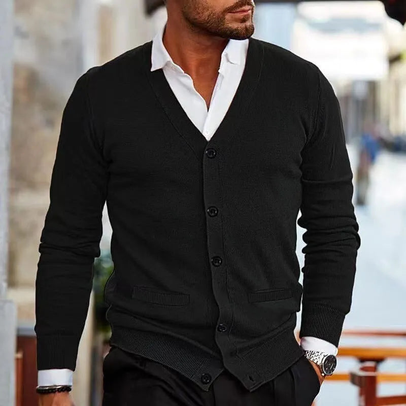 Men's slim fit acrylic cardigan sweater coat in creamy-white colour with long sleeves for autumn wear