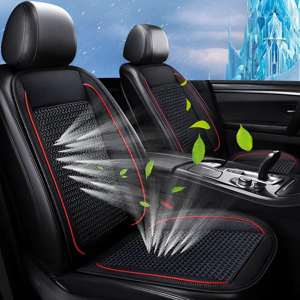 Car ventilation seat cushion measuring 60cm square in black, coffee, or rice colours with power cord