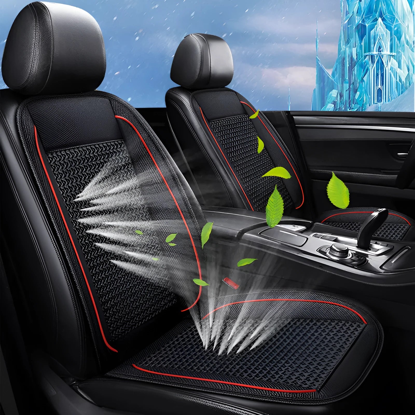 Car ventilation seat cushion measuring 60cm square in black, coffee, or rice colours with power cord