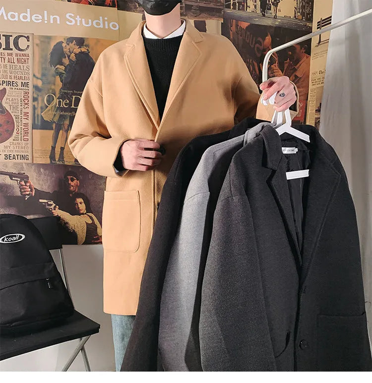 Men's mid-length slim woolen coat with single-breasted placket, lapel collar and patch pockets in black, grey or khaki