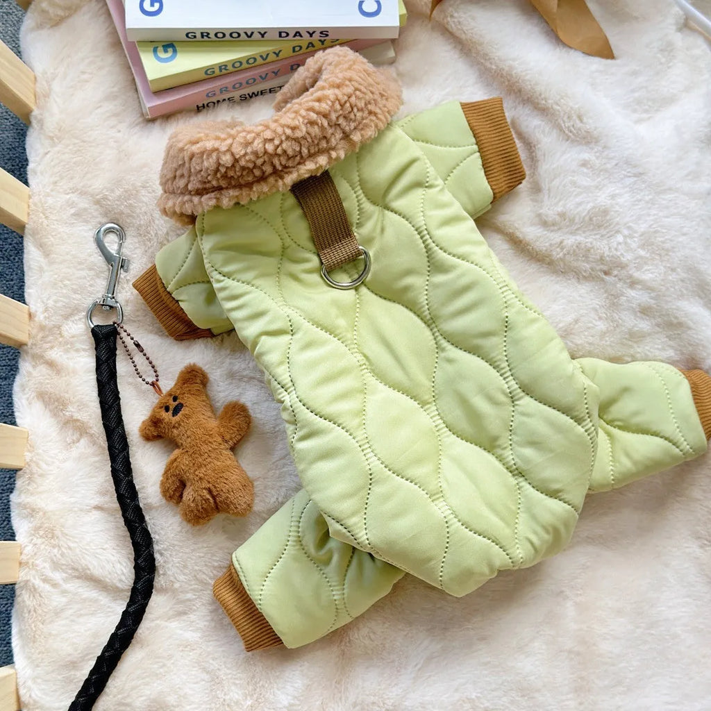Light green cotton pet clothing with extra thick band and hanging strap toy bear, sizes XS to XXL