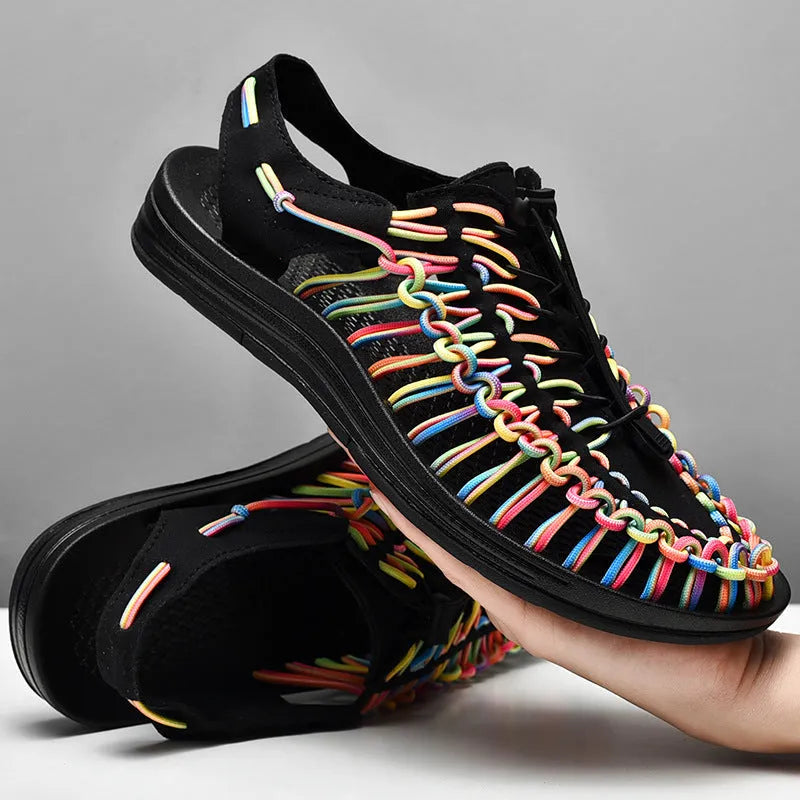 Roman-style woven sandals with elastic drawstring tie closure in multiple colour options