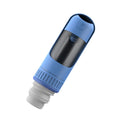 Dark blue portable dog water bottle with built-in bowl, shown with dimensions 215mm by 75mm.