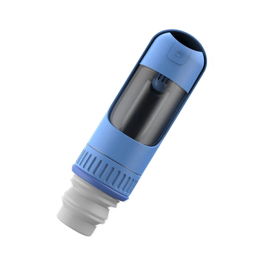 Dark blue portable dog water bottle with built-in bowl, shown with dimensions 215mm by 75mm.