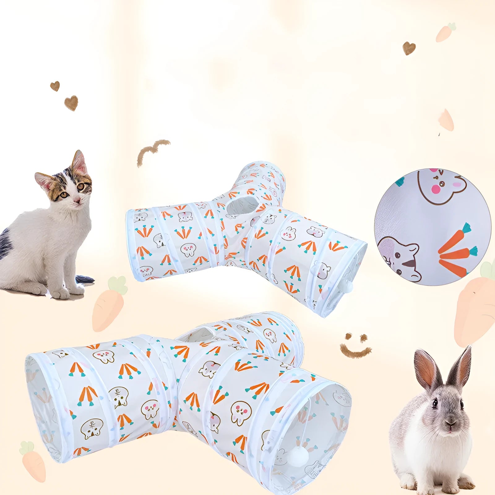 Suede three-channel foldable cat tunnel in T-shape design for indoor pet play and exercise