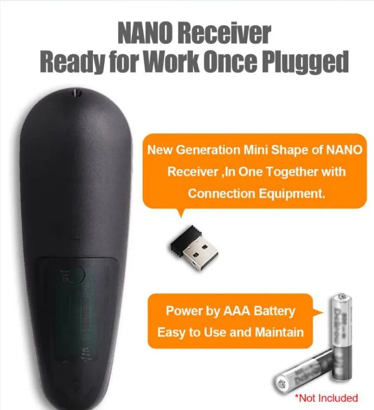 G30 wireless keyboard remote control with air mouse functionality and nano USB receiver