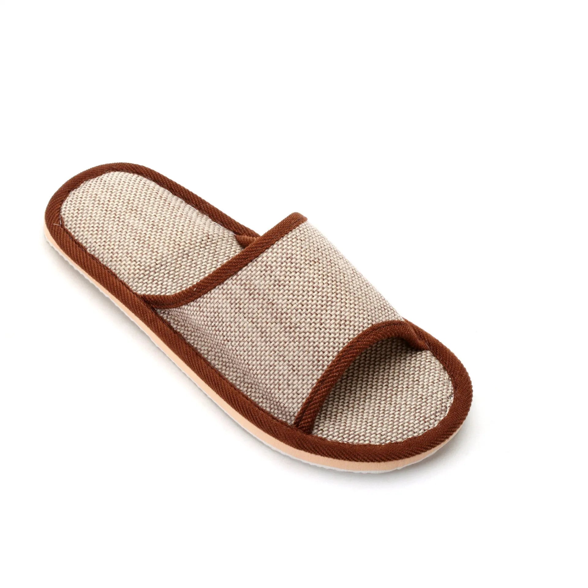 Women's open-toe slippers in linen and cotton, shown in a marled red colour with a thickened sole.