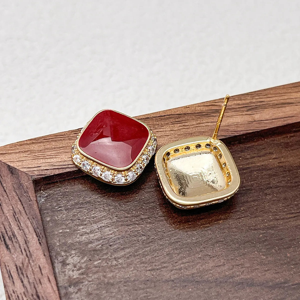 Women's retro red geometric square alloy earrings with inlaid design details
