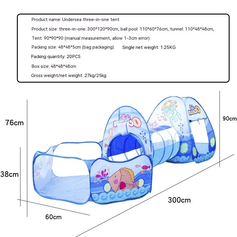 Children's three-in-one play tent set with ball pool and crawl tunnel in marine cartoon design