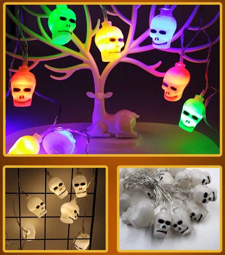 Halloween LED string lights with pumpkin, ghost and bat pendants on white cord