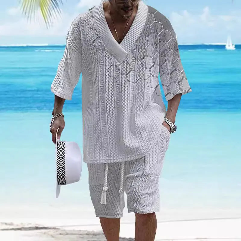 Men's printed knitted short-sleeve shorts suit with drop-shoulder design in chemical fibre blend fabric