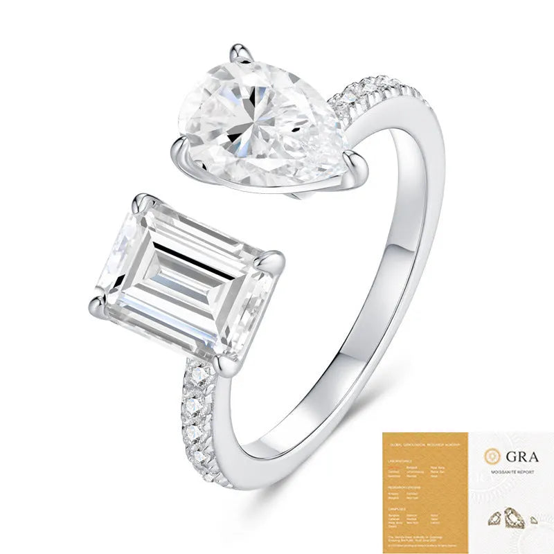 Square moissanite ring in 925 sterling silver with electroplated non-fading finish, geometric drop shape, US sizes 5 to 9
