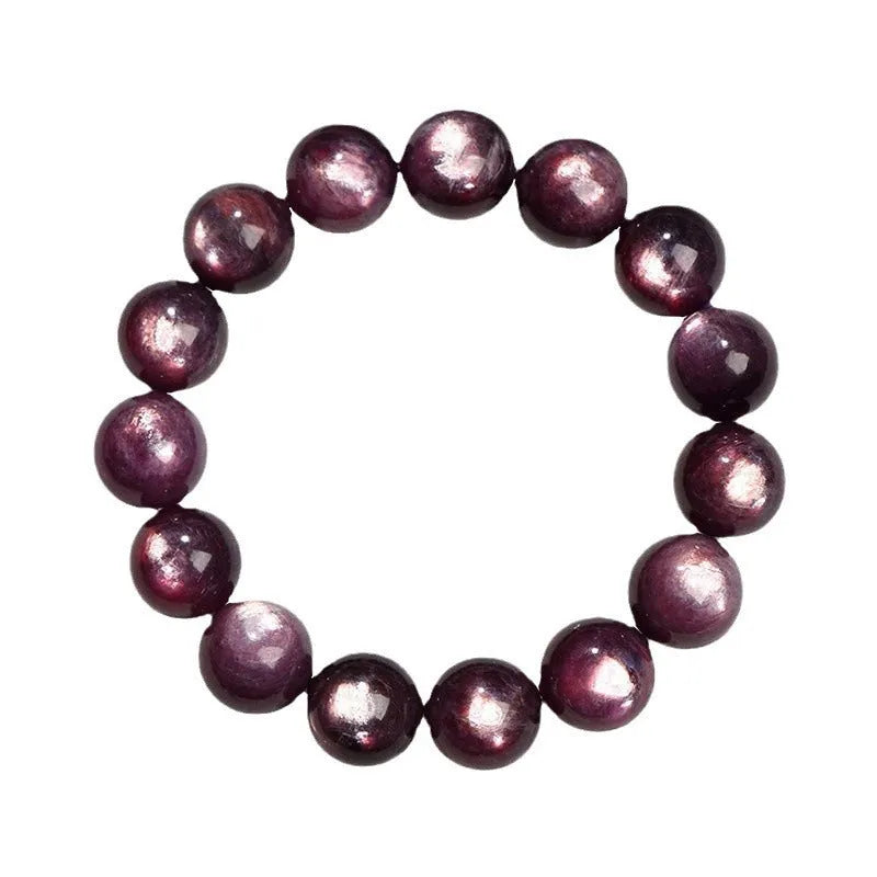 Natural purple lepidolite crystal round bead bracelet on a white background, showing available bead sizes.