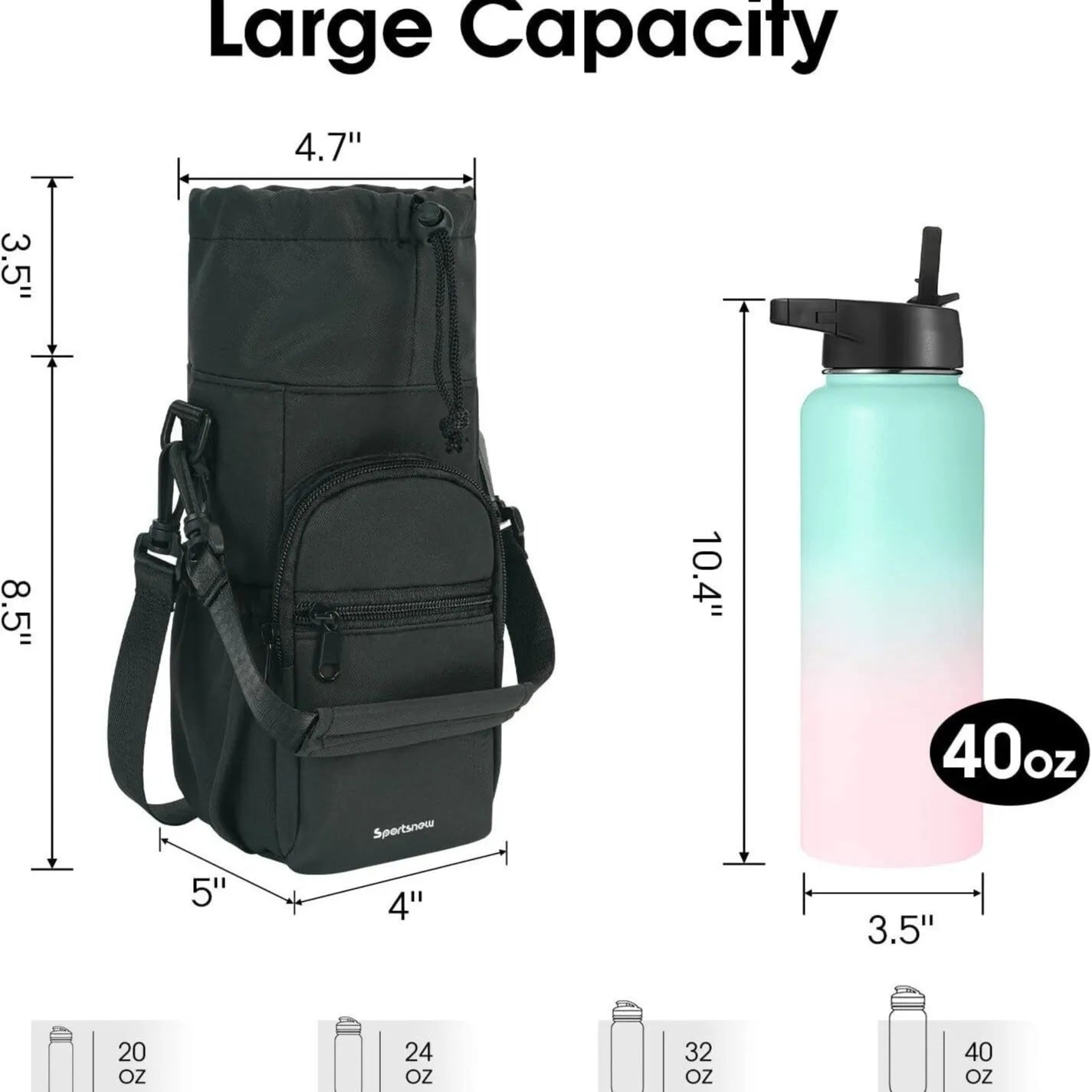 Cloth water bottle pouch with crossbody strap in black, green, and pink colour options.