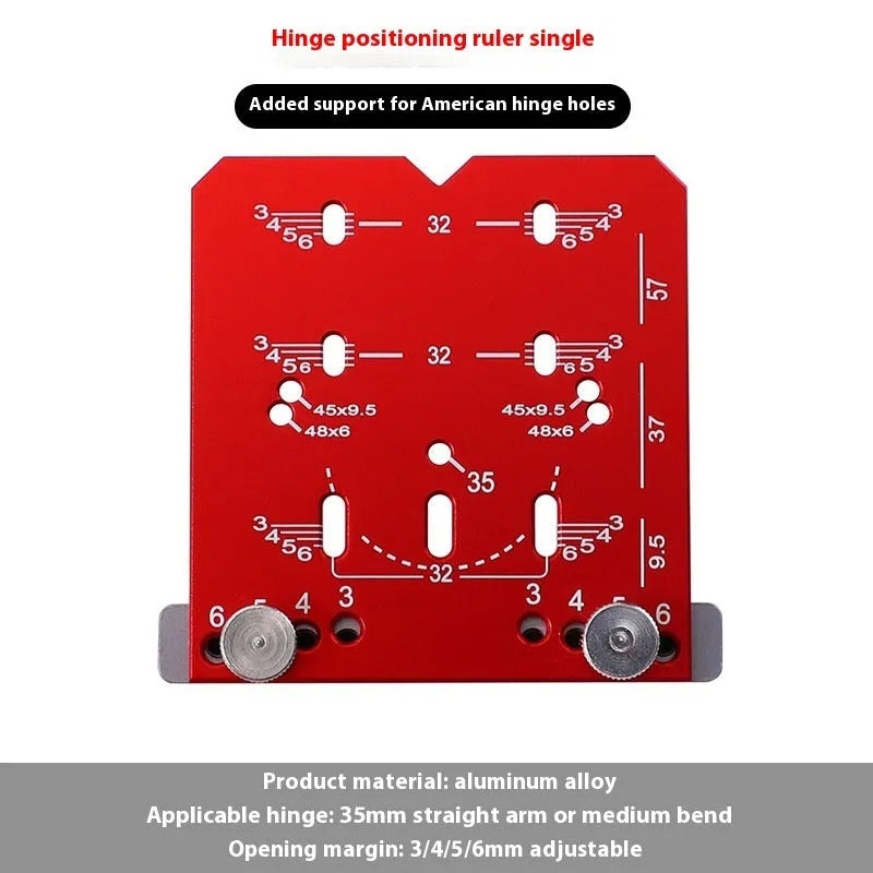 Red aluminium alloy hinge locating rule with adjustable margin settings for 35mm cabinet door hinges