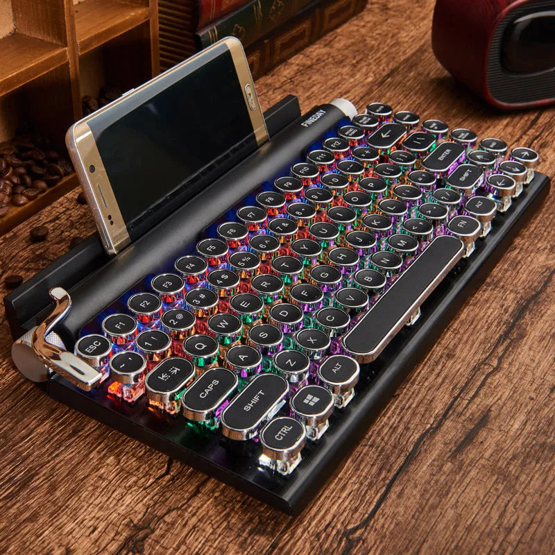 Dot retro typewriter mechanical Bluetooth keyboard with black finish and seven-colour backlight