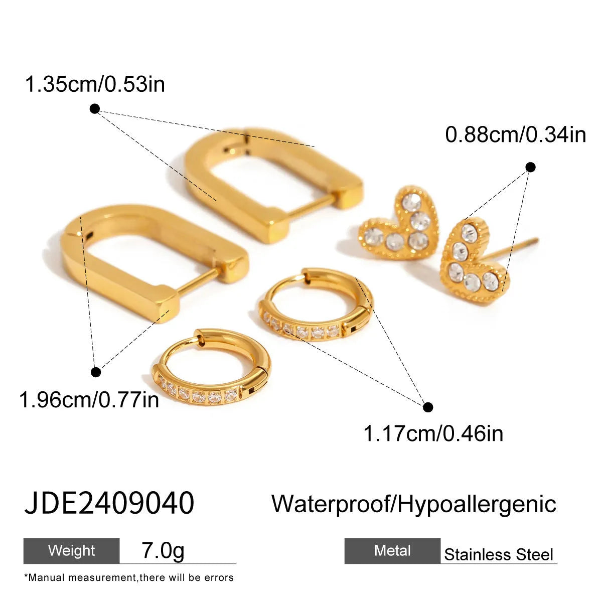 18K gold plated ear clip set with heart, U-shaped, star and geometric designs, 3 pairs