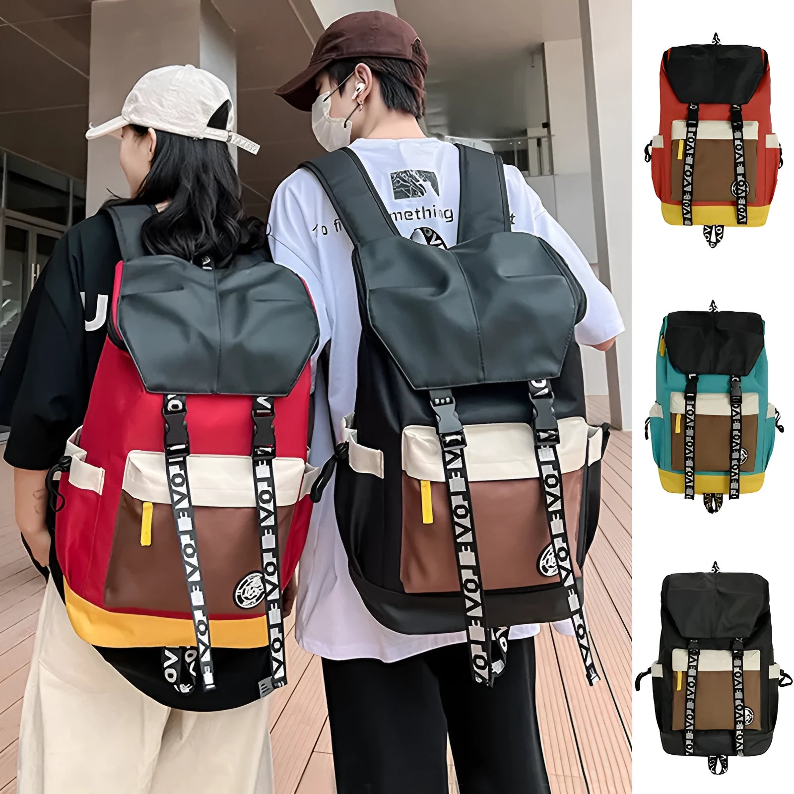Oxford cloth backpack showing three carrying methods: handheld, shoulder, and backpack style