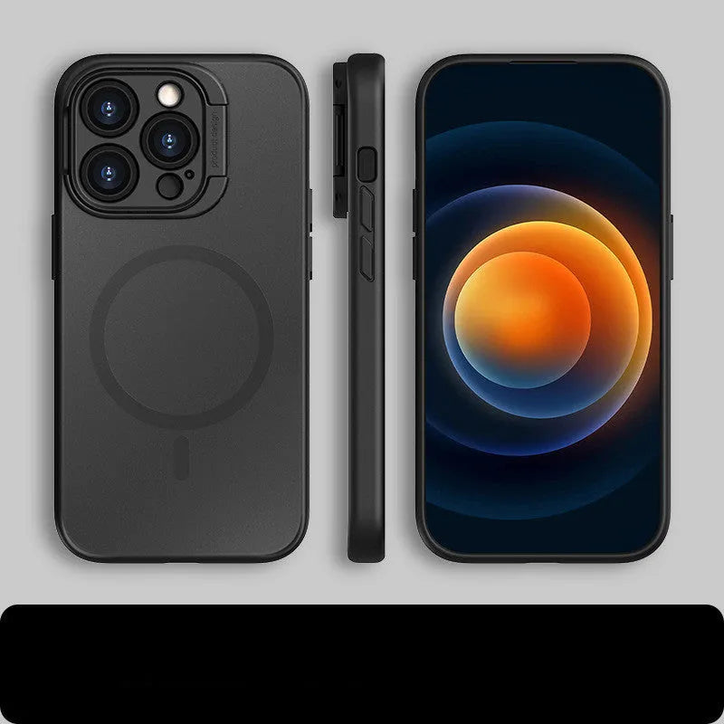 Lens invisible holder phone case with magnetic suction and frosted finish for iPhone 13 Pro Max in black