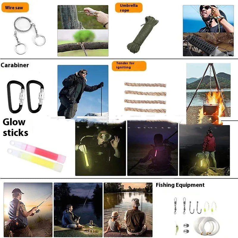 Outdoor camping first aid kit survival tools suit in compact portable case measures 20.5 x 15 x 9.5 cm