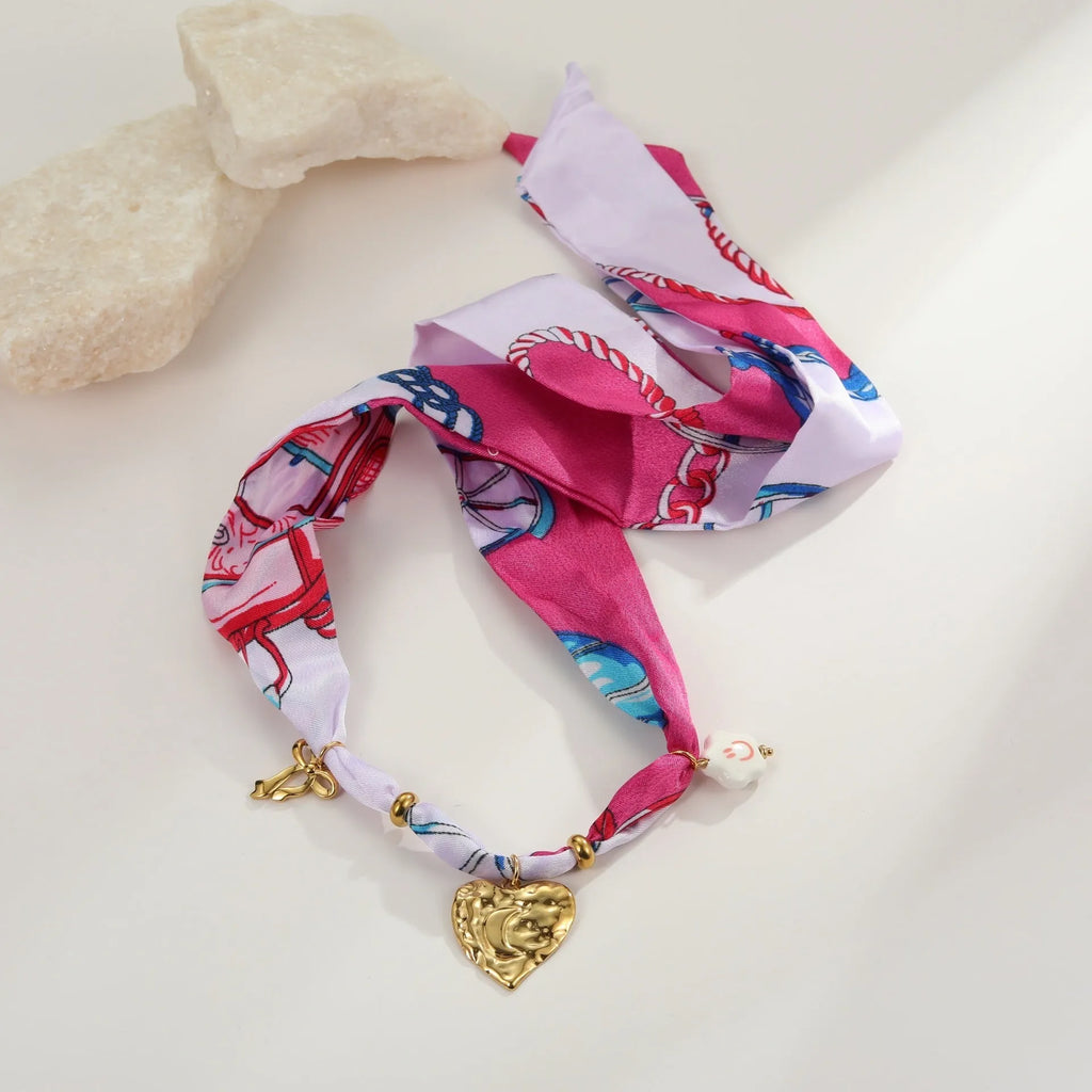 Stainless steel necklace and bracelet set with colourful silk scarf print pendant on geometric chain