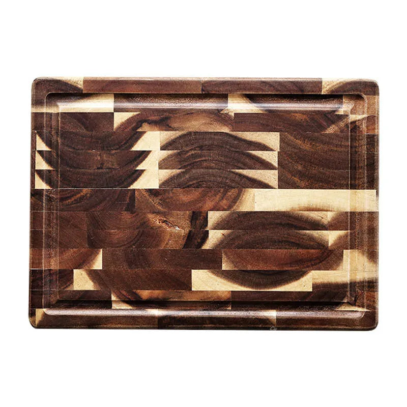 Brown acacia solid wood chopping board with parquet design, 3cm thick, on a kitchen counter