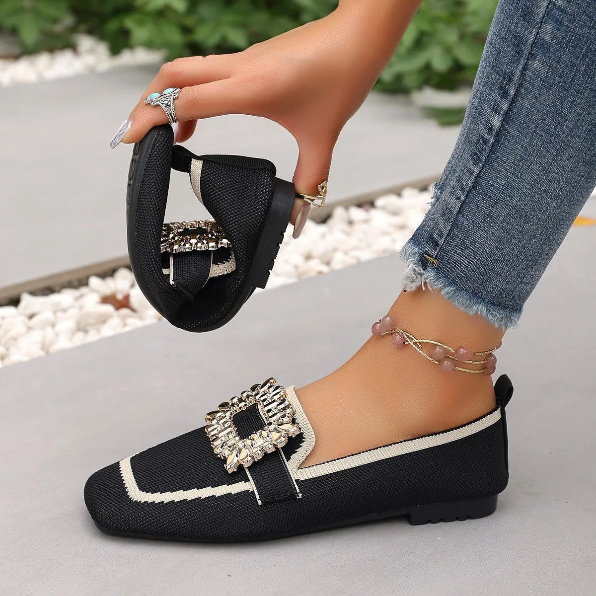 Flyknit slip-on square toe rhinestone flat shoes for women in beige with cloth lining