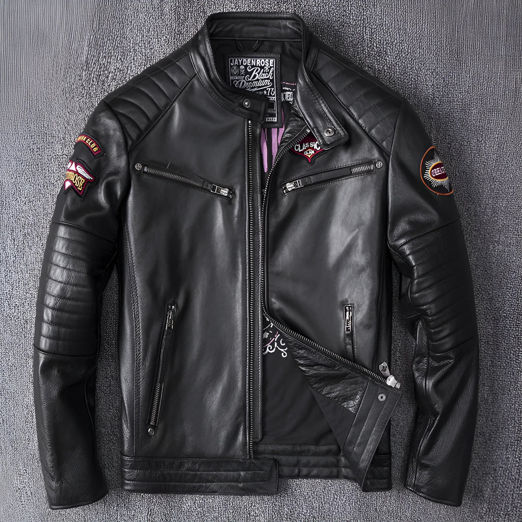 Men's stand collar genuine leather motorcycle jacket with skull pattern in black