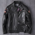 Men's stand collar genuine leather motorcycle jacket with skull pattern in black