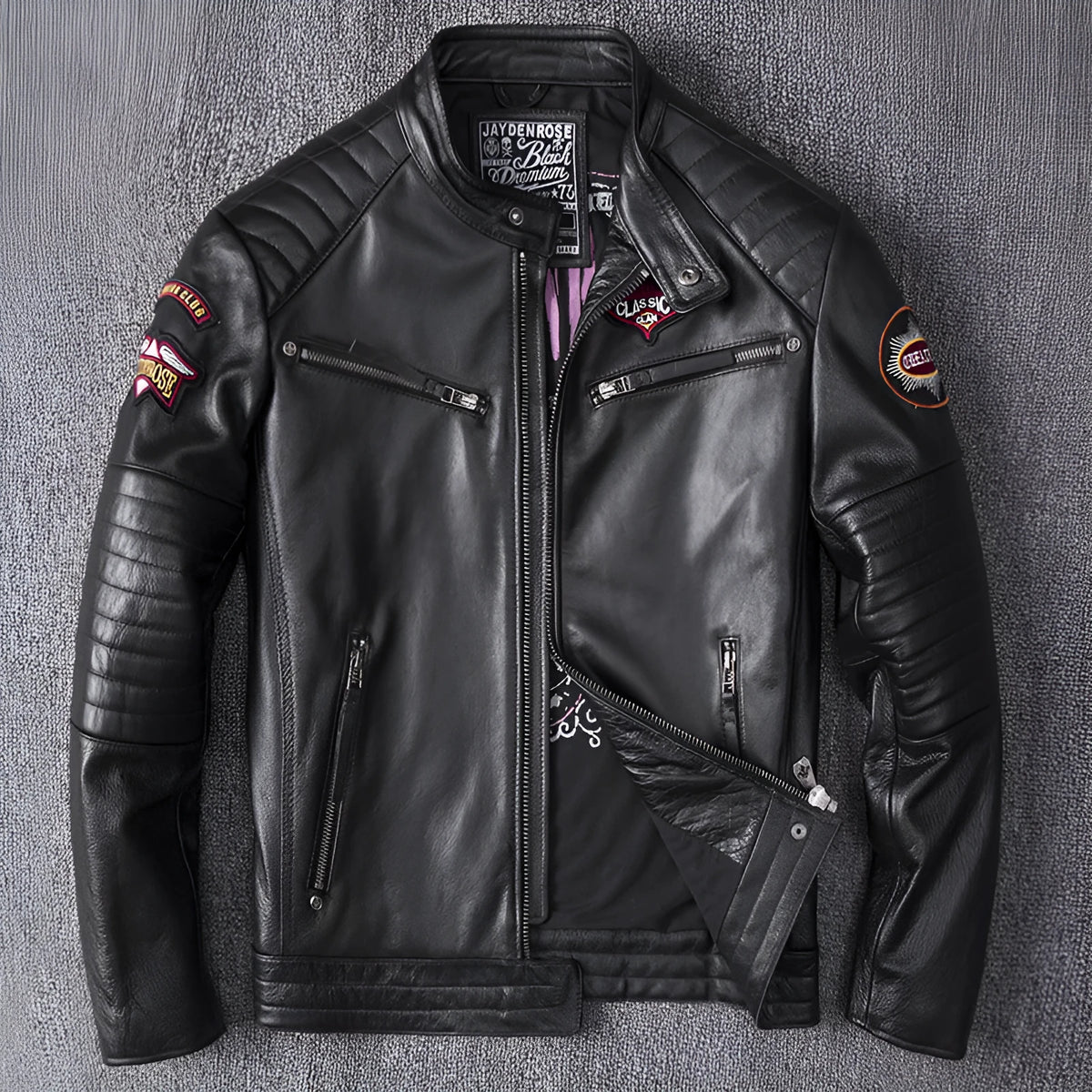 Men's stand collar genuine leather motorcycle jacket with skull pattern in black