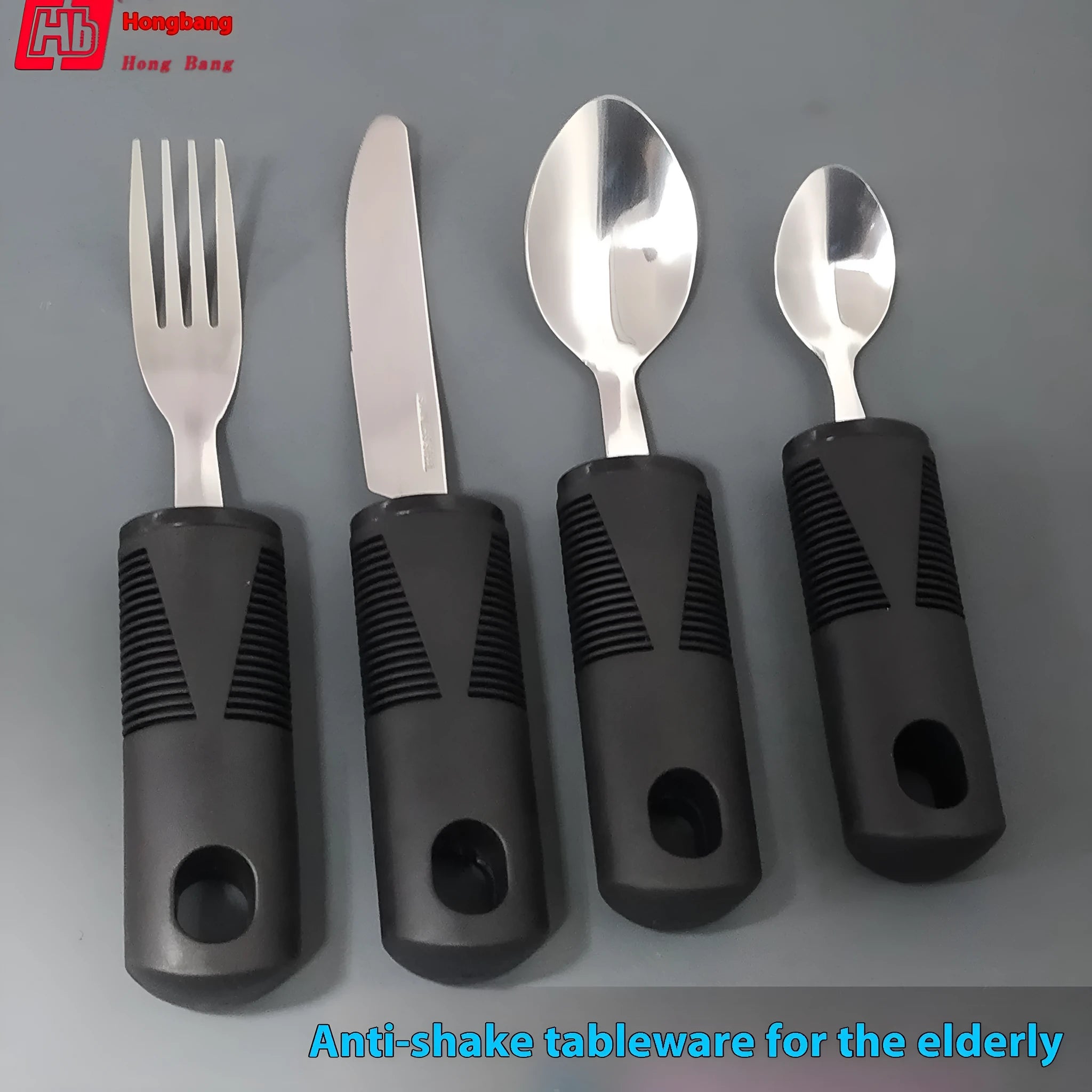 Stainless steel adaptive cutlery set with rubber handles for elderly eating assistance