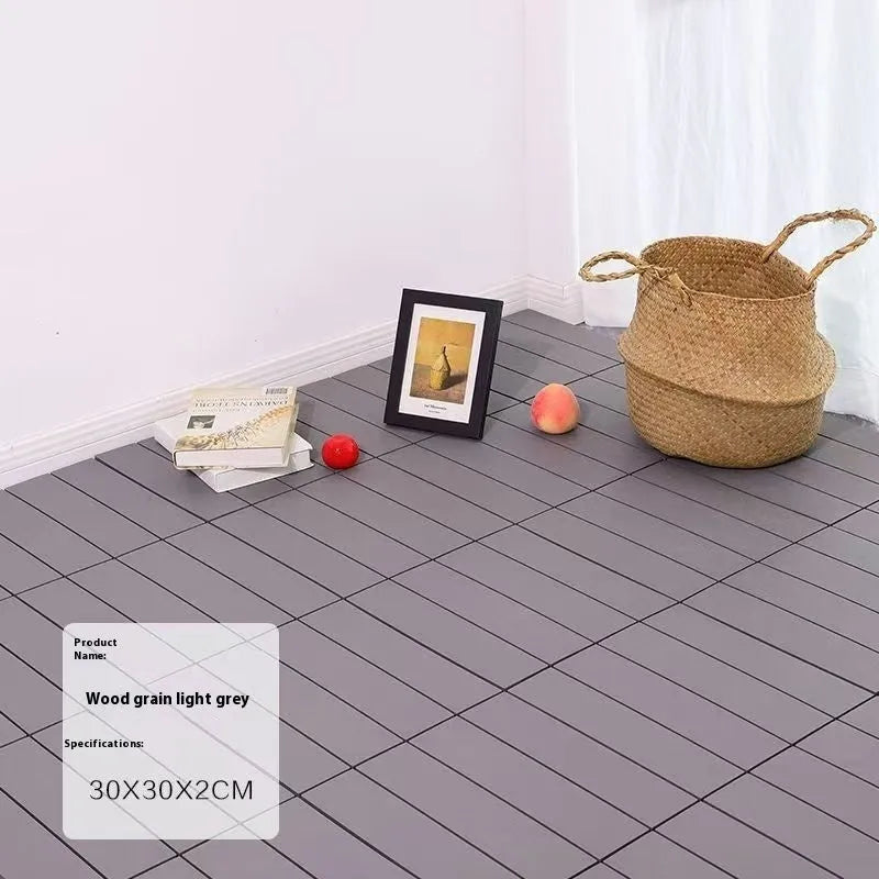 Pack of ten brown wood grain patterned plastic interlocking floor tiles