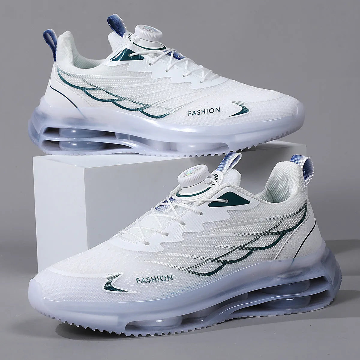 White rotating button casual sports shoes with mesh upper and rubber sole