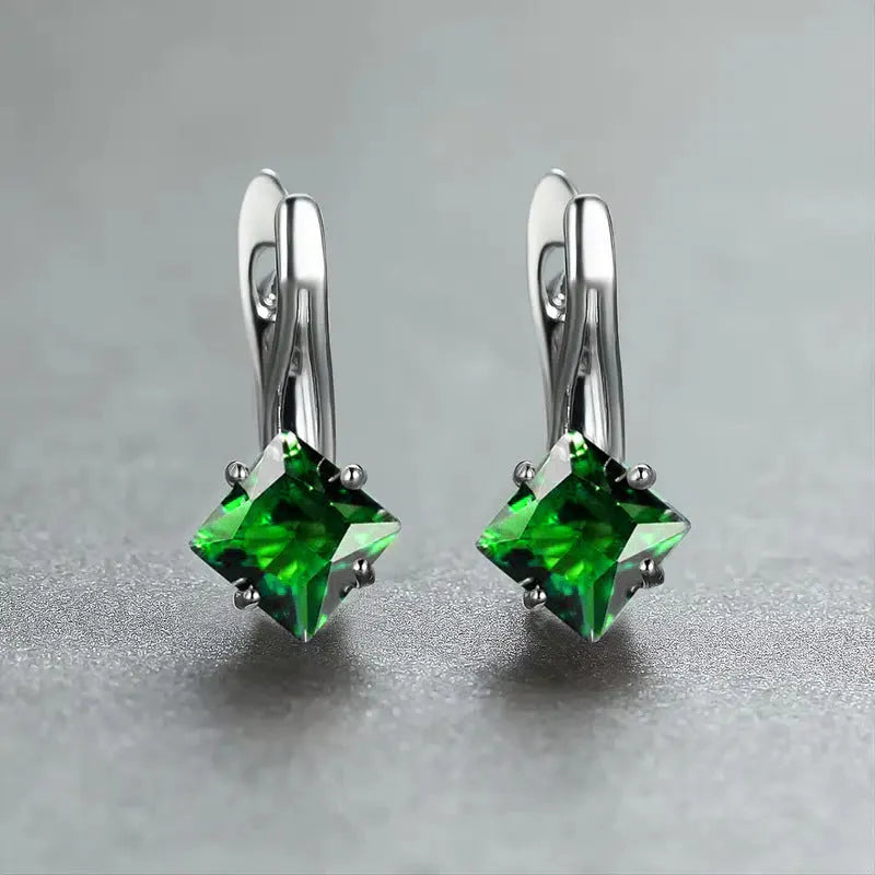 Copper women's diamond design stud earrings with inlaid zircon stones in blue, colour, and green options