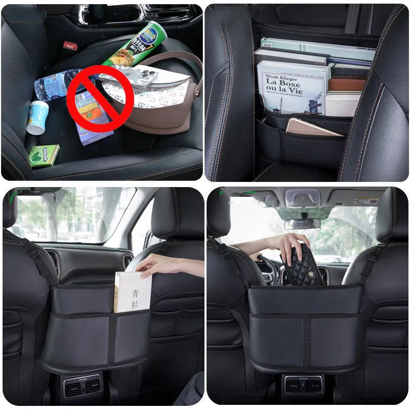 Black leather car seat storage bag with carbon fibre pattern, shown between vehicle front seats.
