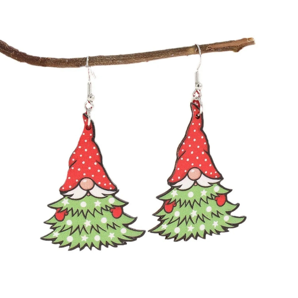 Wooden Christmas earrings with geometric shapes and printed festive designs