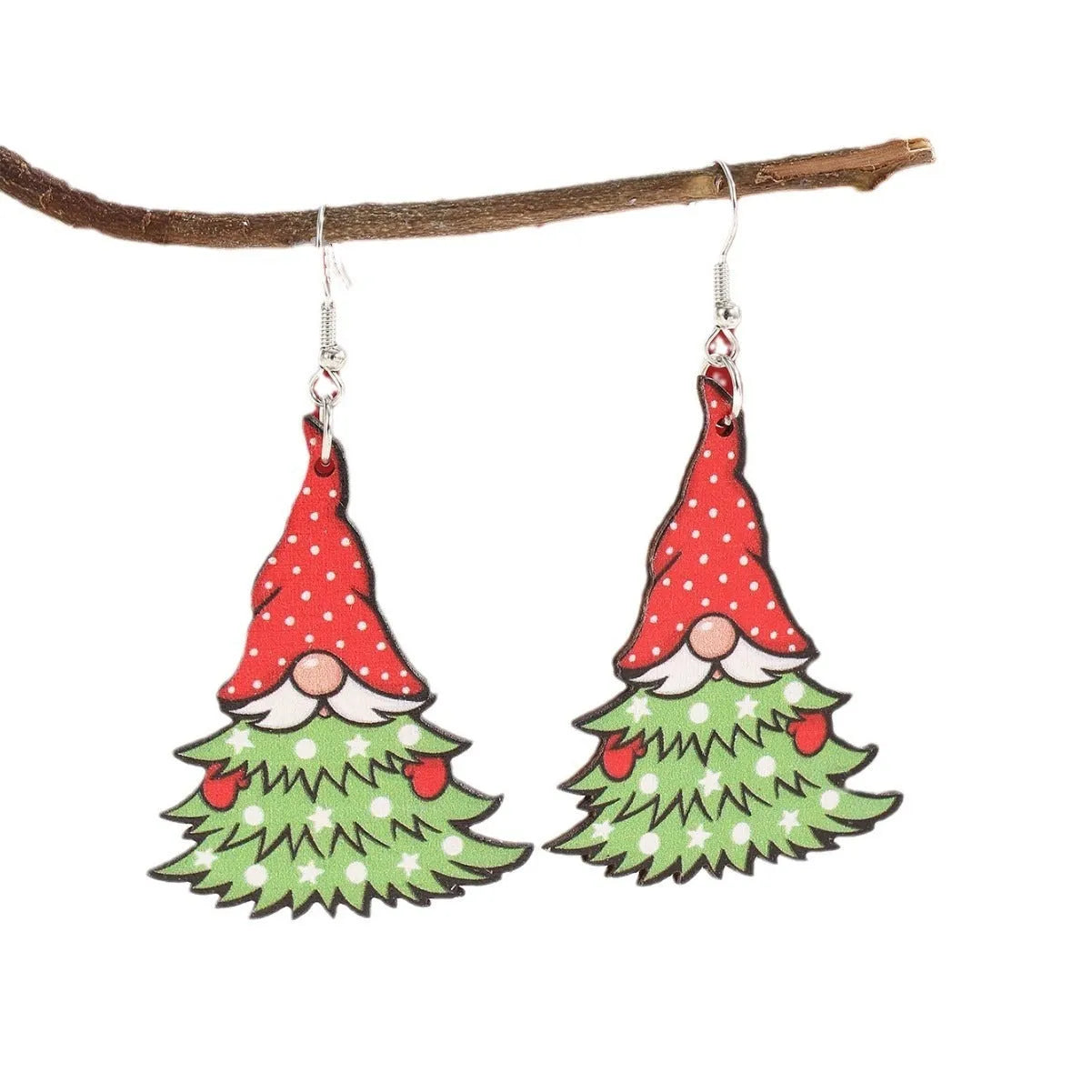 Wooden Christmas earrings with geometric shapes and printed festive designs