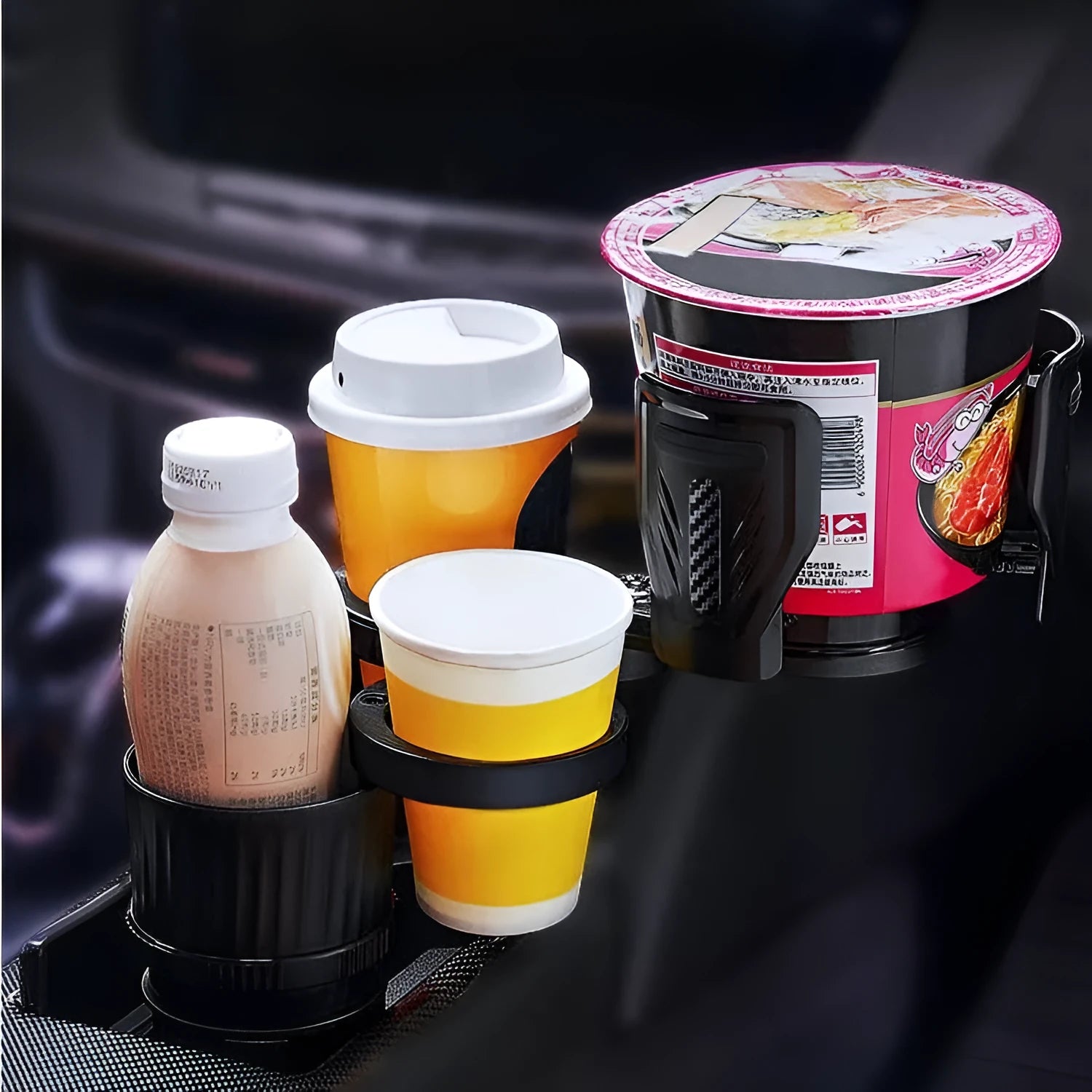 Black carbon fibre pattern car cup holder with retractable adjustable base for 6.5-10cm diameter cups