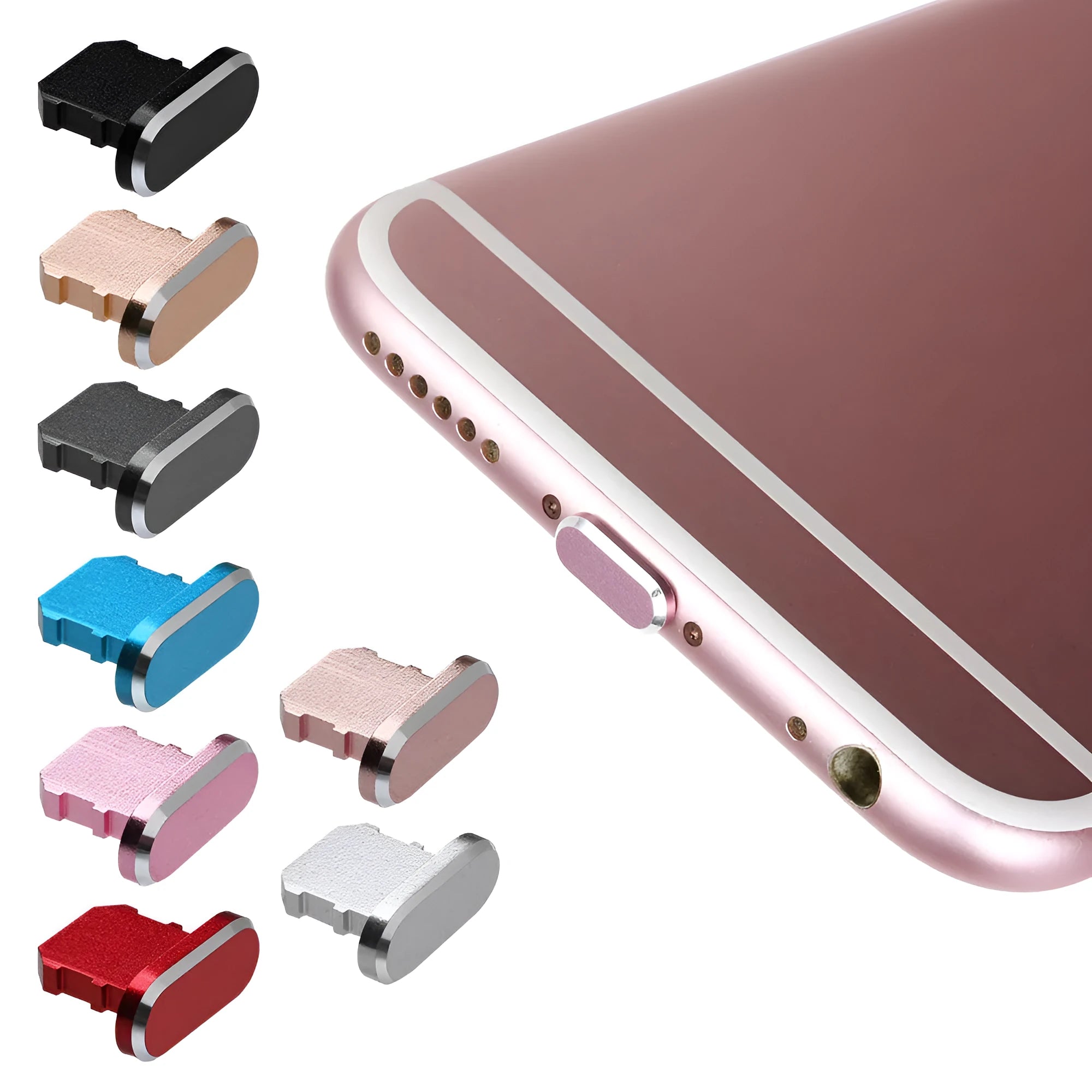 Aluminium alloy iPhone charging port dust plug shown in gold, silver, blue, red, grey, black, rose gold, and rose colours.
