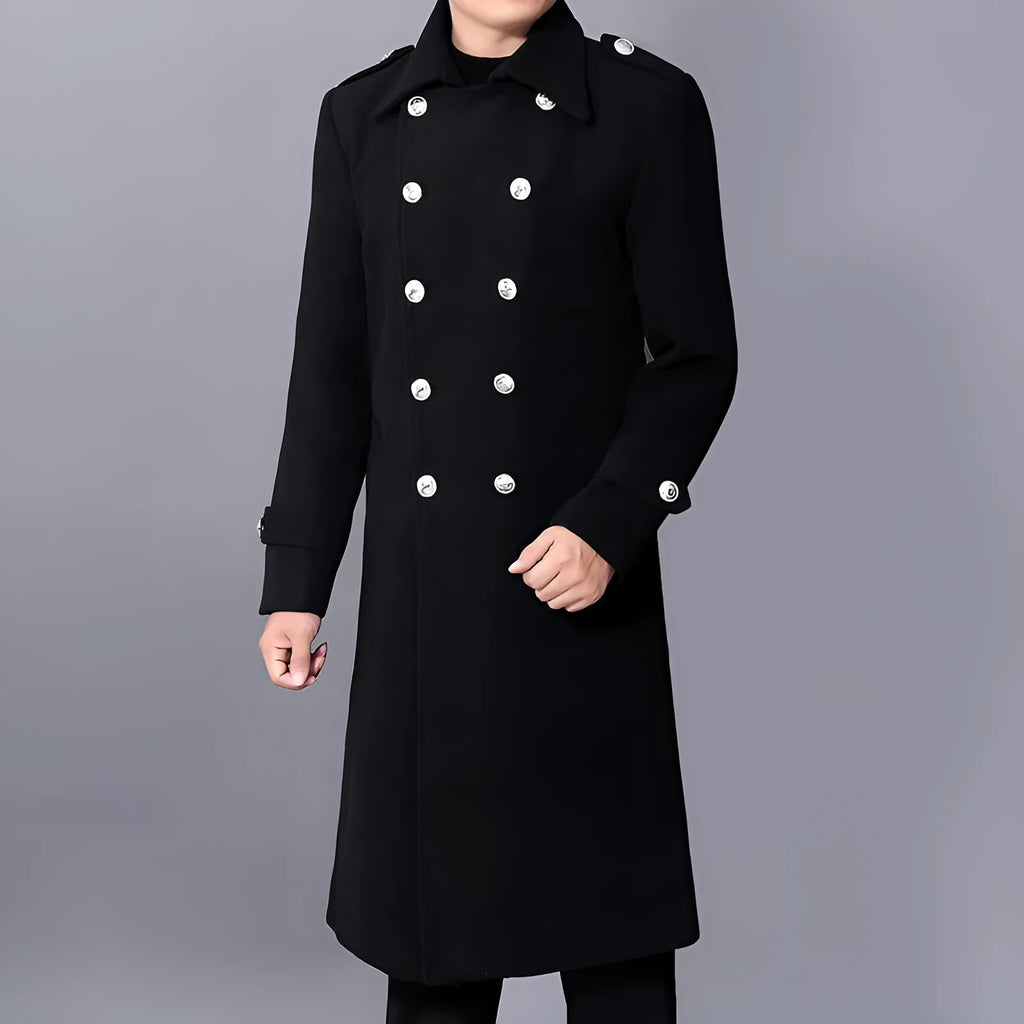 Men's black slim-fit medium-length polyester blend wool coat with pleated patch pockets
