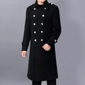 Men's black slim-fit medium-length polyester blend wool coat with pleated patch pockets