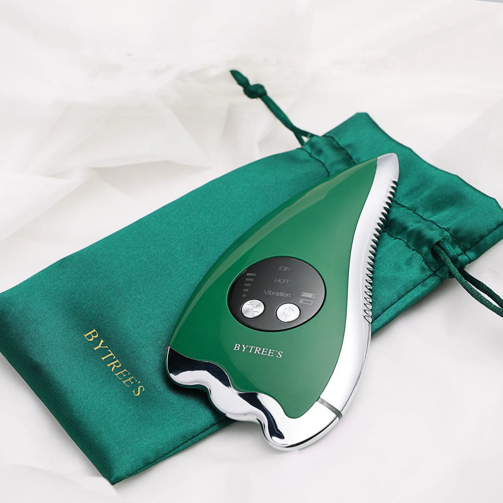 Green plastic and metal facial beauty instrument with three mode buttons and USB cable