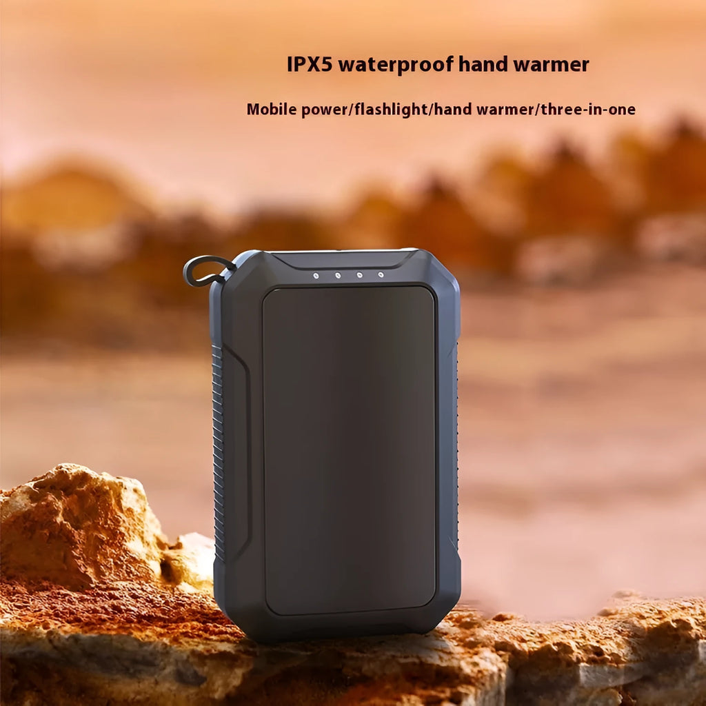Waterproof rechargeable hand warmer power bank in black with 10000mAh capacity and compact dimensions
