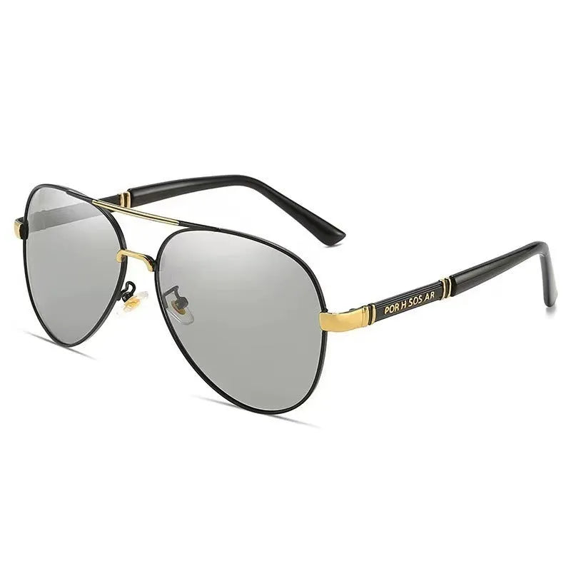Men's polarised sunglasses with a gold metal frame and grey lenses featuring dragon and phoenix decoration.