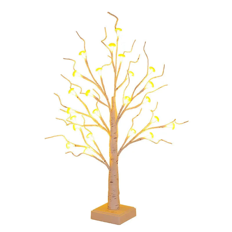 60cm tall mushroom tree LED lamp with birch design and 24 detachable flowers showing warm white illumination